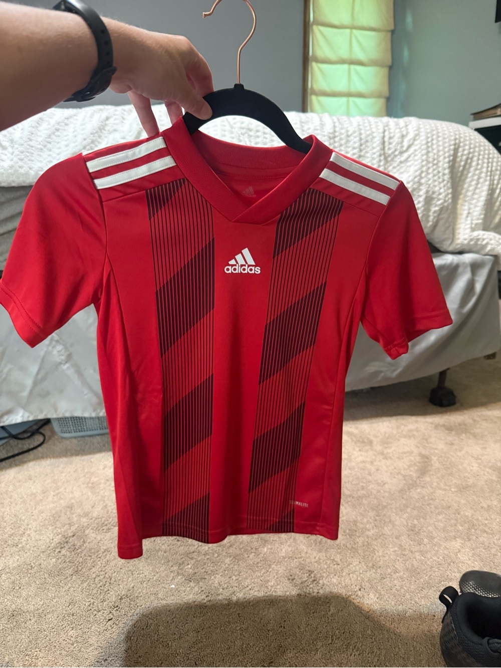 adidas Red Youth Short Sleeve Soccer Top with White Stripes